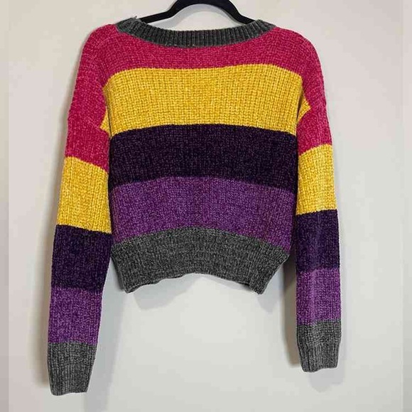 Women's Striped Crew Neck Sweater - Pink, Yellow, Purple, Gray - Picture 2 of 2